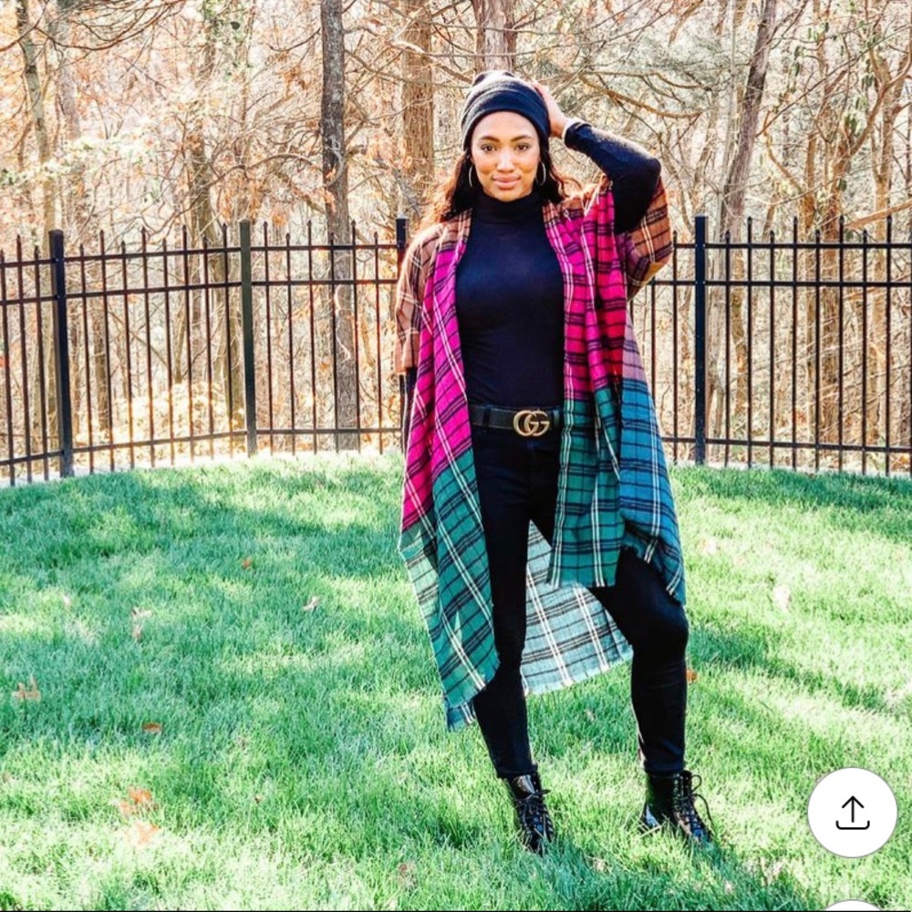 SALE - Color Block Plaid Frayed Hem Kimono